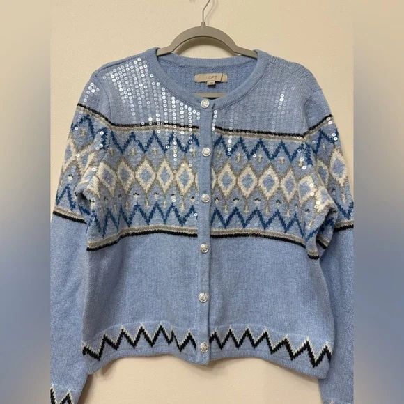 NWT Loft Blue Patterned and Sequined Women's Cardigan Sweater - Picture 6 of 10